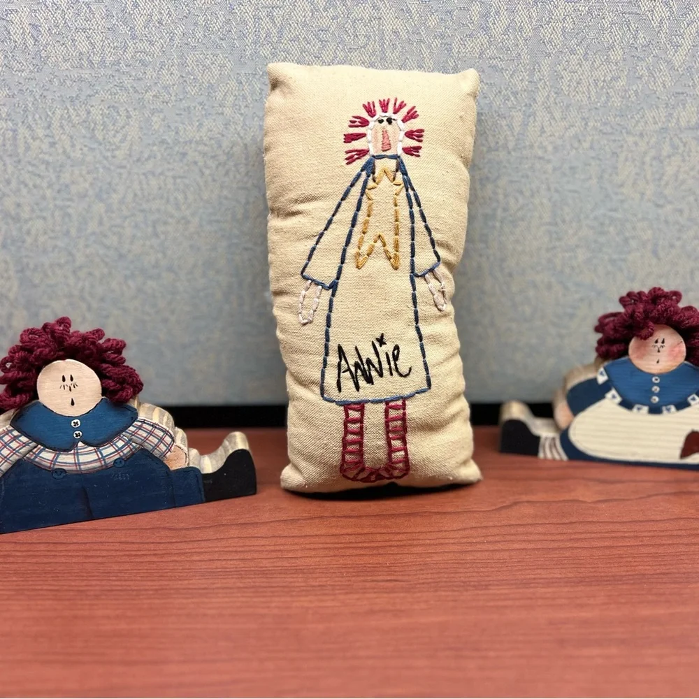 Raggedy Ann Embroidered pillow and wooden shelf Decor